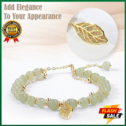 18K Gold Branches and Jade Leaves Bracelet Women's Lucky Bracelet Natural Gemstone Bracelet Adjustable 18-25CM