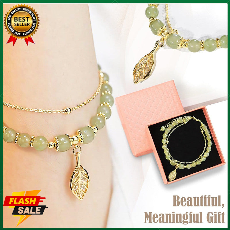 18K Gold Branches and Jade Leaves Bracelet Women's Lucky Bracelet Natural Gemstone Bracelet Adjustable 18-25CM
