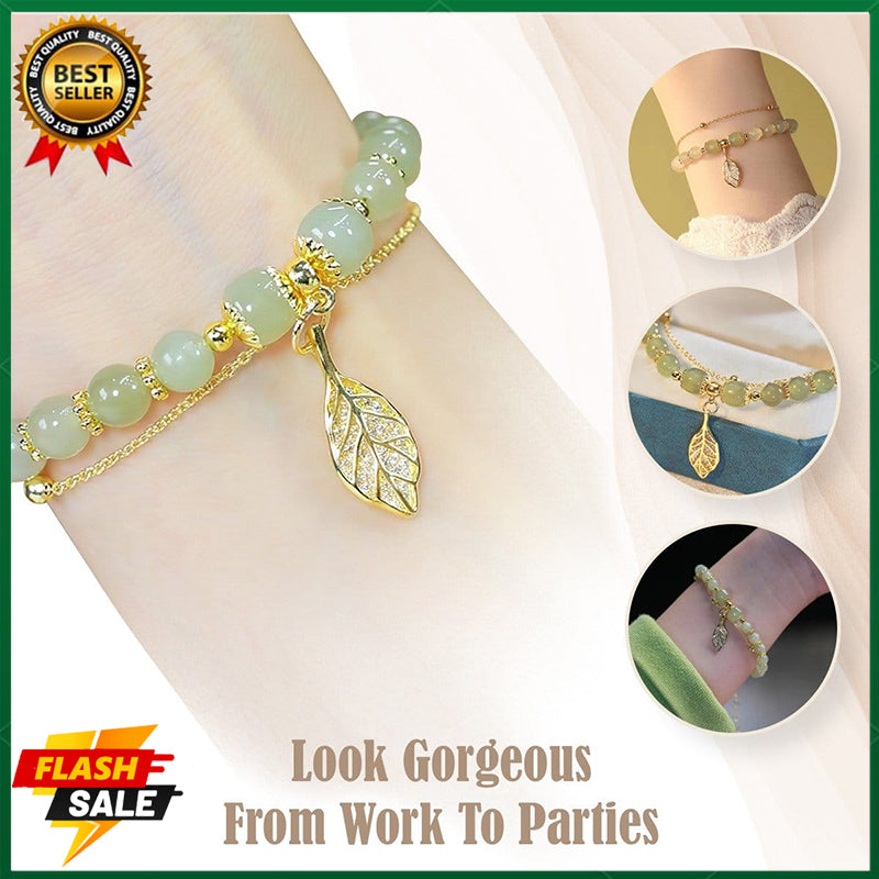18K Gold Branches and Jade Leaves Bracelet Women's Lucky Bracelet Natural Gemstone Bracelet Adjustable 18-25CM