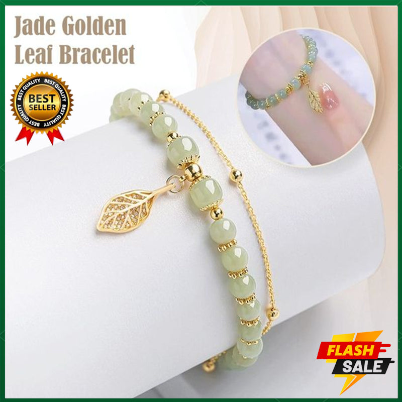 18K Gold Branches and Jade Leaves Bracelet Women's Lucky Bracelet Natural Gemstone Bracelet Adjustable 18-25CM