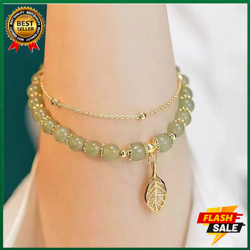 18K Gold Branches and Jade Leaves Bracelet Women's Lucky Bracelet Natural Gemstone Bracelet Adjustable 18-25CM