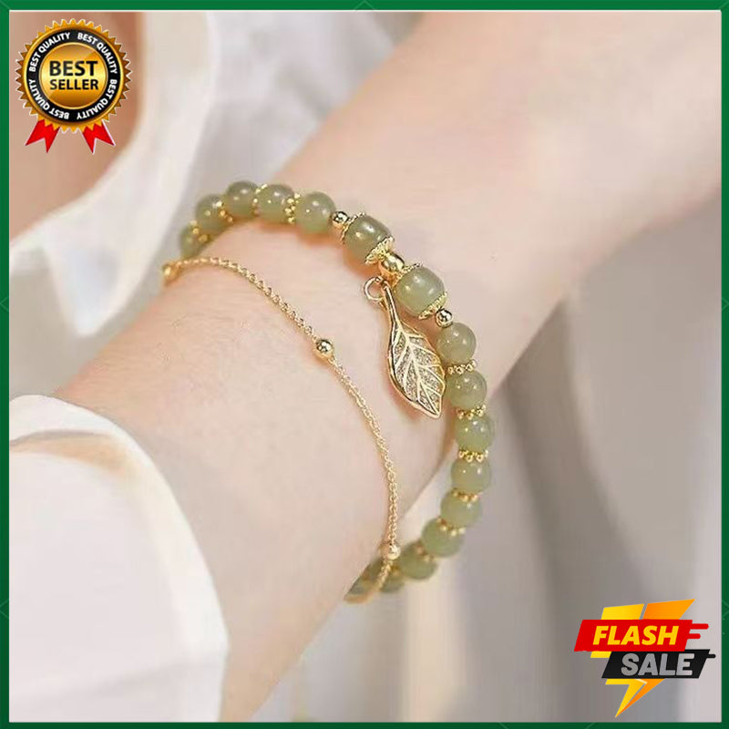 18K Gold Branches and Jade Leaves Bracelet Women's Lucky Bracelet Natural Gemstone Bracelet Adjustable 18-25CM