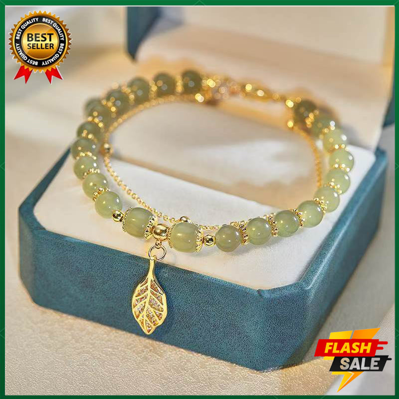18K Gold Branches and Jade Leaves Bracelet Women's Lucky Bracelet Natural Gemstone Bracelet Adjustable 18-25CM