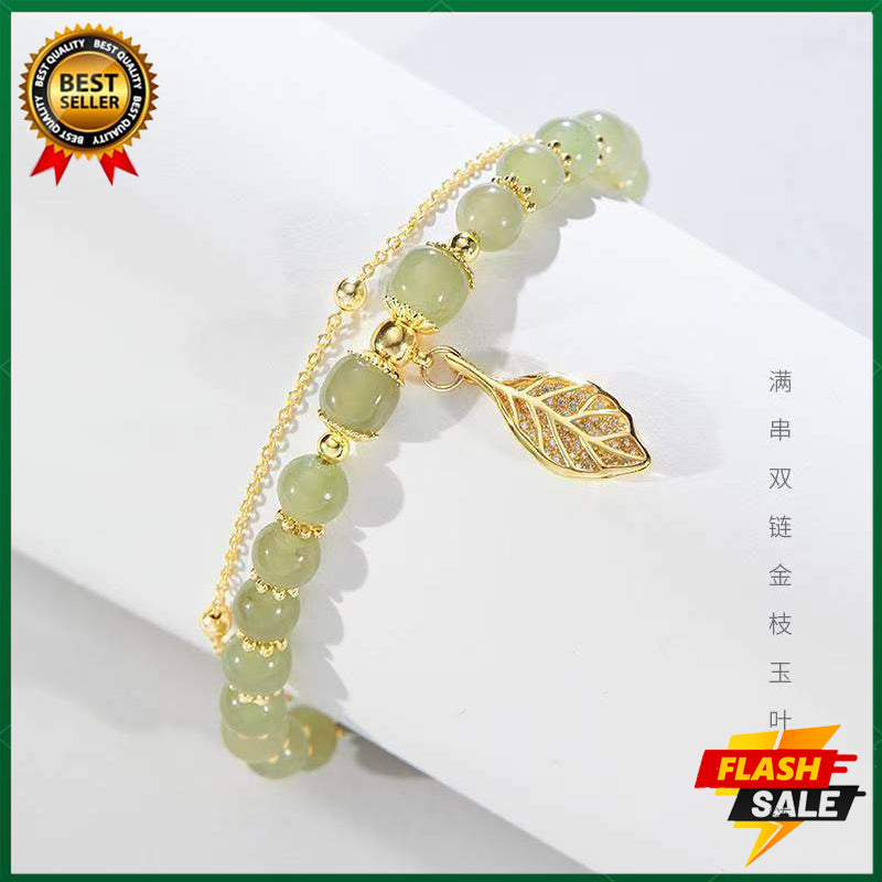 18K Gold Branches and Jade Leaves Bracelet Women's Lucky Bracelet Natural Gemstone Bracelet Adjustable 18-25CM