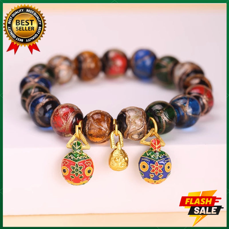 Gold swallowing beast bracelet glass beaded bracelet (beads 12mm) fortune-bringing bracelet wealth evil-repelling amulet bracelet 18k gold pendant