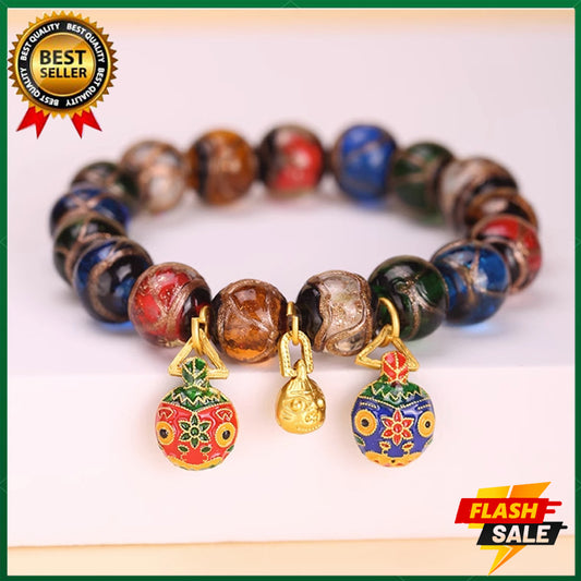 Gold swallowing beast bracelet glass beaded bracelet (beads 12mm) fortune-bringing bracelet wealth evil-repelling amulet bracelet 18k gold pendant