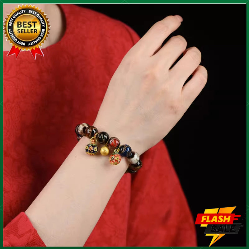 Gold swallowing beast bracelet glass beaded bracelet (beads 12mm) fortune-bringing bracelet wealth evil-repelling amulet bracelet 18k gold pendant