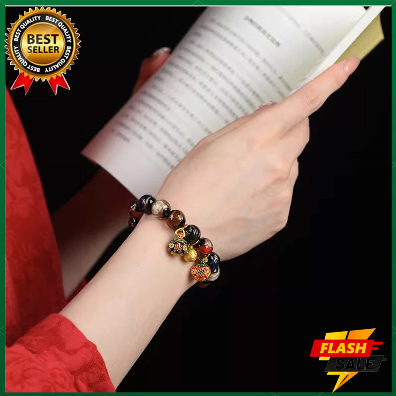 Gold swallowing beast bracelet glass beaded bracelet (beads 12mm) fortune-bringing bracelet wealth evil-repelling amulet bracelet 18k gold pendant