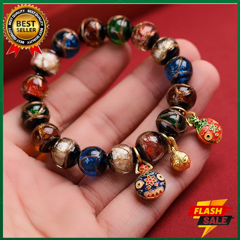 Gold swallowing beast bracelet glass beaded bracelet (beads 12mm) fortune-bringing bracelet wealth evil-repelling amulet bracelet 18k gold pendant