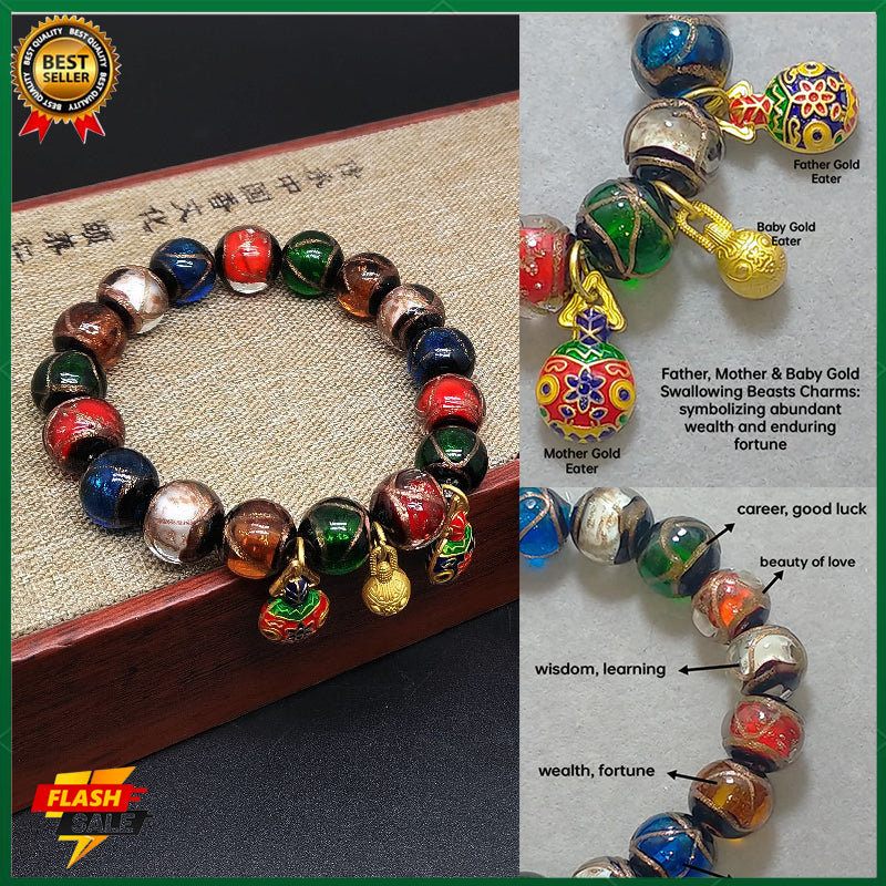 Gold swallowing beast bracelet glass beaded bracelet (beads 12mm) fortune-bringing bracelet wealth evil-repelling amulet bracelet 18k gold pendant