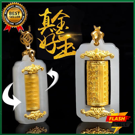 Natural white jade pendant Six-word mantra Amulet pendant 18K gold Complete the prayer ceremony alone