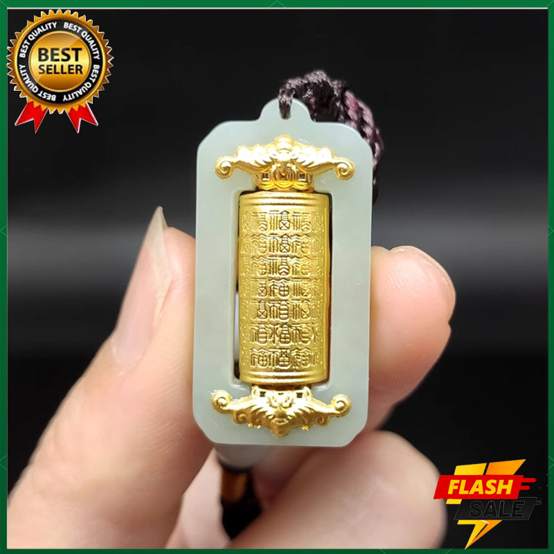 Natural white jade pendant Six-word mantra Amulet pendant 18K gold Complete the prayer ceremony alone
