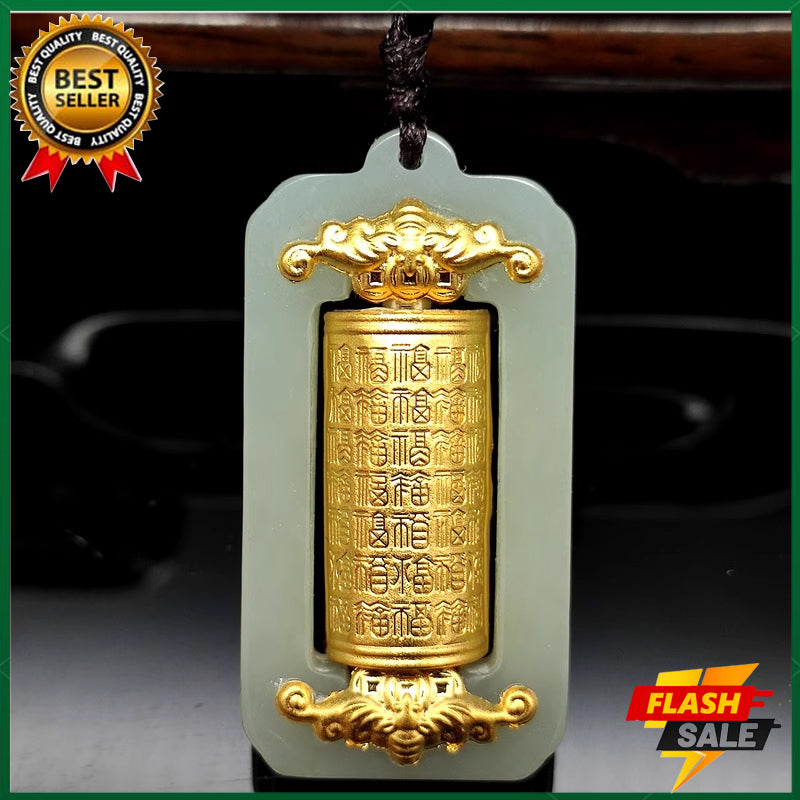 Natural white jade pendant Six-word mantra Amulet pendant 18K gold Complete the prayer ceremony alone