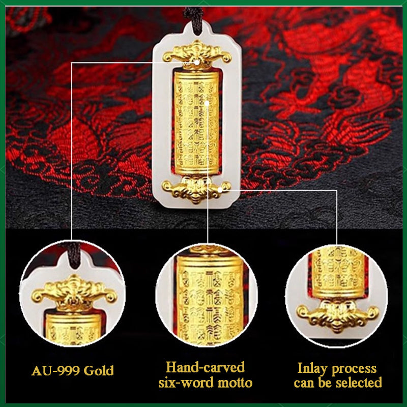 Natural white jade pendant Six-word mantra Amulet pendant 18K gold Complete the prayer ceremony alone