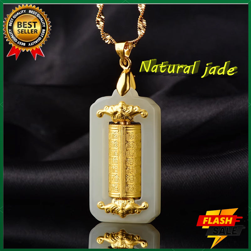 Natural white jade pendant Six-word mantra Amulet pendant 18K gold Complete the prayer ceremony alone