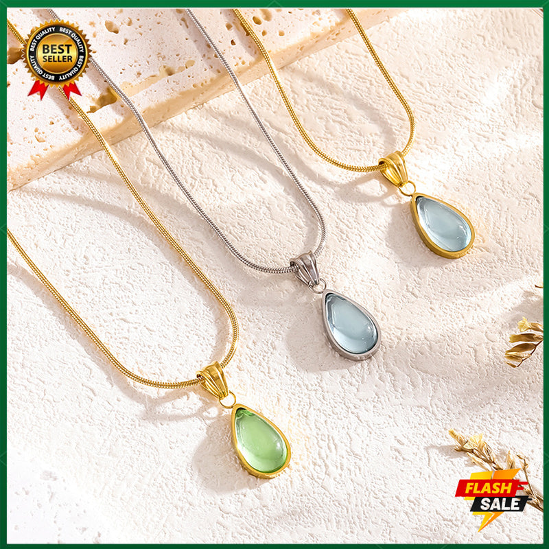 2025 French clear green water drop blue ocean necklace clavicle chain fashionable personality titanium steel plated with 18k gold Snake bone necklace