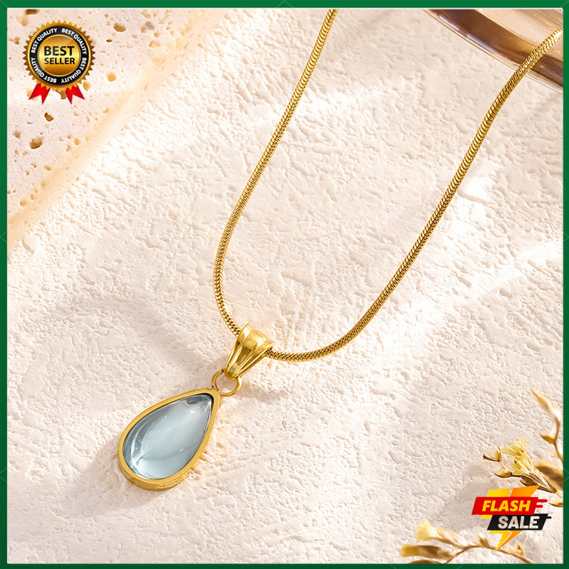 2025 French clear green water drop blue ocean necklace clavicle chain fashionable personality titanium steel plated with 18k gold Snake bone necklace