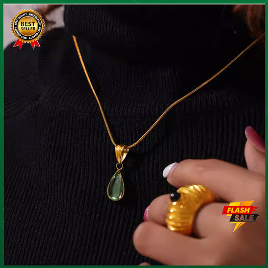 2025 French clear green water drop blue ocean necklace clavicle chain fashionable personality titanium steel plated with 18k gold Snake bone necklace
