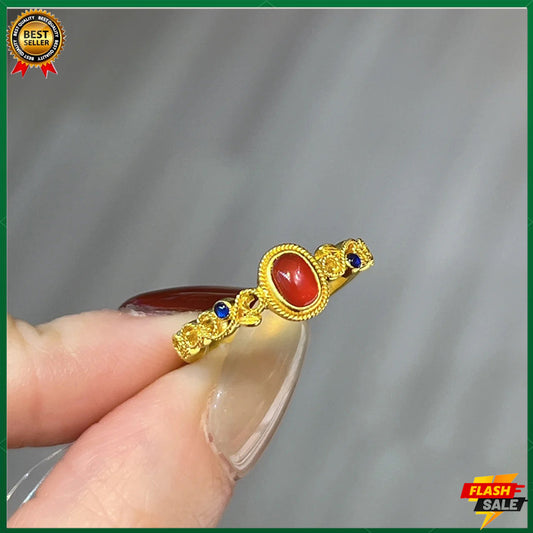 18k gold ruby ring women's lucky ring fashion jewelry hollow design inlaid gemstone ring