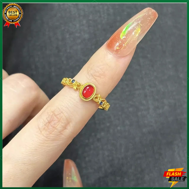 18k gold ruby ring women's lucky ring fashion jewelry hollow design inlaid gemstone ring