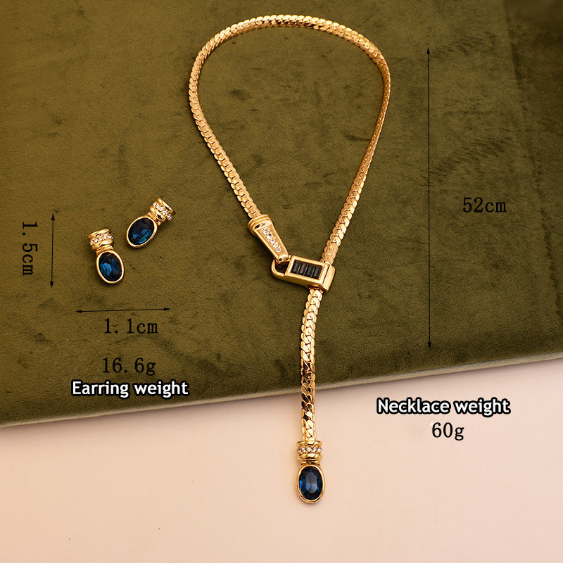 Medieval Vintage simple snake bone Y-shaped glass necklace vintage copper plated clavicle chain t sapphire necklace ladies necklace